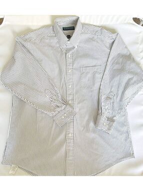 Claybrooke Mens Dress Shirt 16.5 32/33 Cotton Pinpoint Navy White Stripe